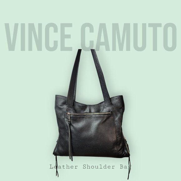Vince Camuto Leather Shoulder Bag – Pebbled Black with Zip Accents - Picture 1 of 11